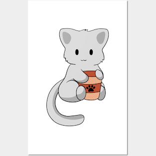 Grey Cat with Coffee Posters and Art